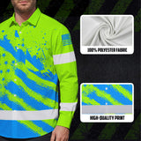 Hi Vis Hawaiian Long Sleeve Shirt Reflective Green And Blue American Flag Custom Name Safety Workwear For Workers, Truckers, Operators