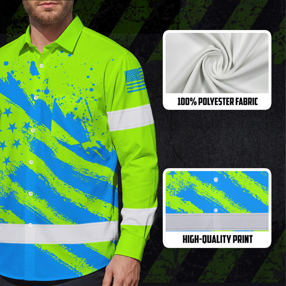 Hi Vis Hawaiian Long Sleeve Shirt Reflective Green And Blue American Flag Custom Name Safety Workwear For Workers, Truckers, Operators