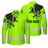 Hi Vis Hawaiian Long Sleeve Shirt Reflective Featuring Green Scratch US Flag And Personalized Name For Patriotism