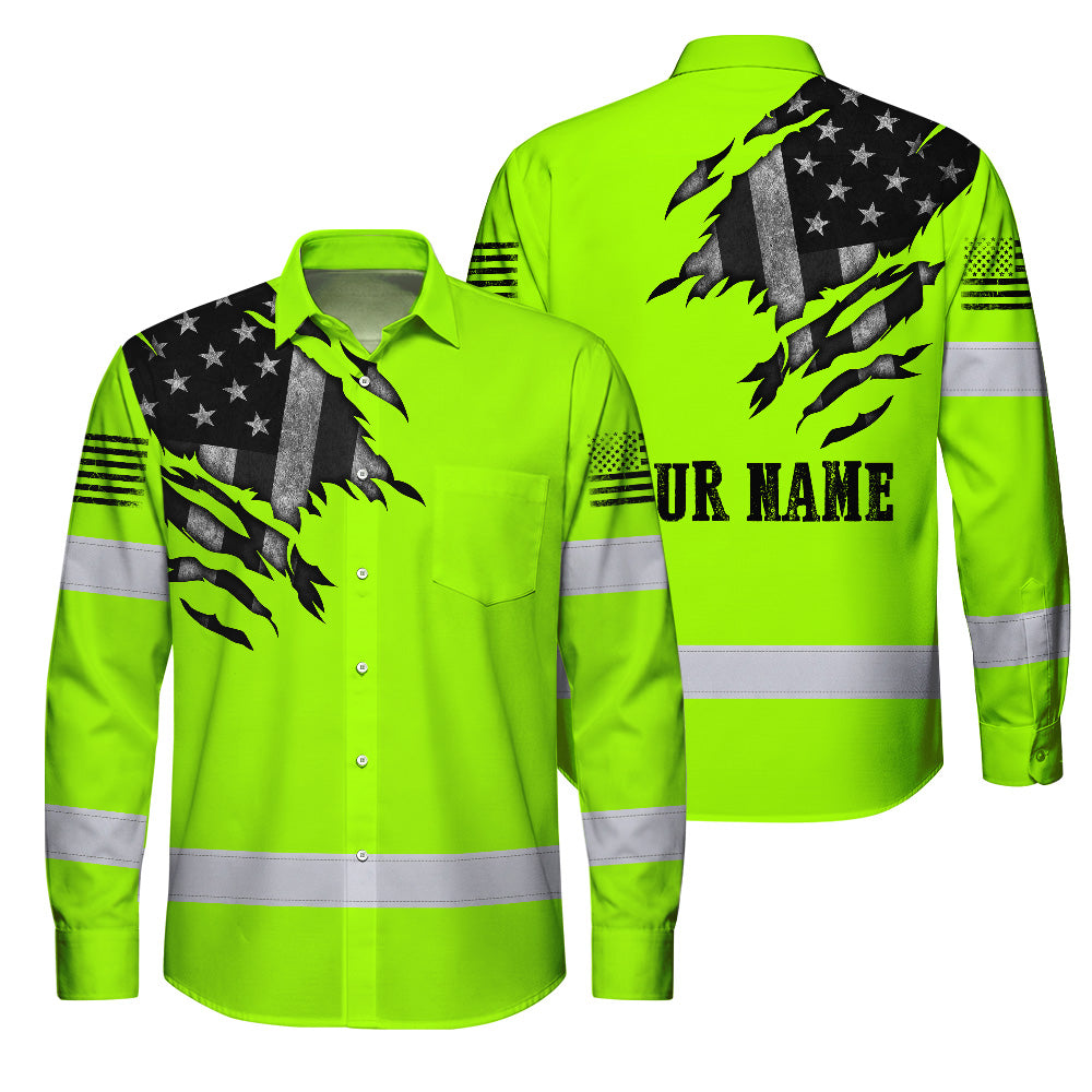 Hi Vis Hawaiian Long Sleeve Shirt Reflective Featuring Green Scratch US Flag And Personalized Name For Patriotism