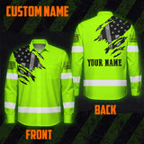 Hi Vis Hawaiian Long Sleeve Shirt Reflective Featuring Green Scratch US Flag And Personalized Name For Patriotism