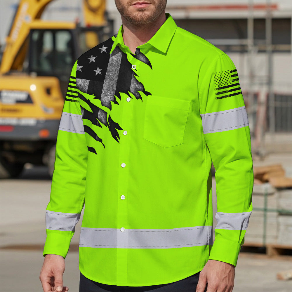 Hi Vis Hawaiian Long Sleeve Shirt Reflective Featuring Green Scratch US Flag And Personalized Name For Patriotism
