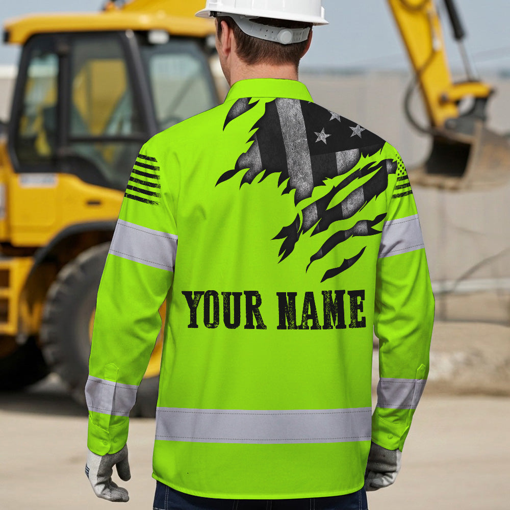 Hi Vis Hawaiian Long Sleeve Shirt Reflective Featuring Green Scratch US Flag And Personalized Name For Patriotism