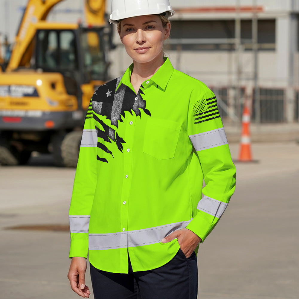 Hi Vis Hawaiian Long Sleeve Shirt Reflective Featuring Green Scratch US Flag And Personalized Name For Patriotism