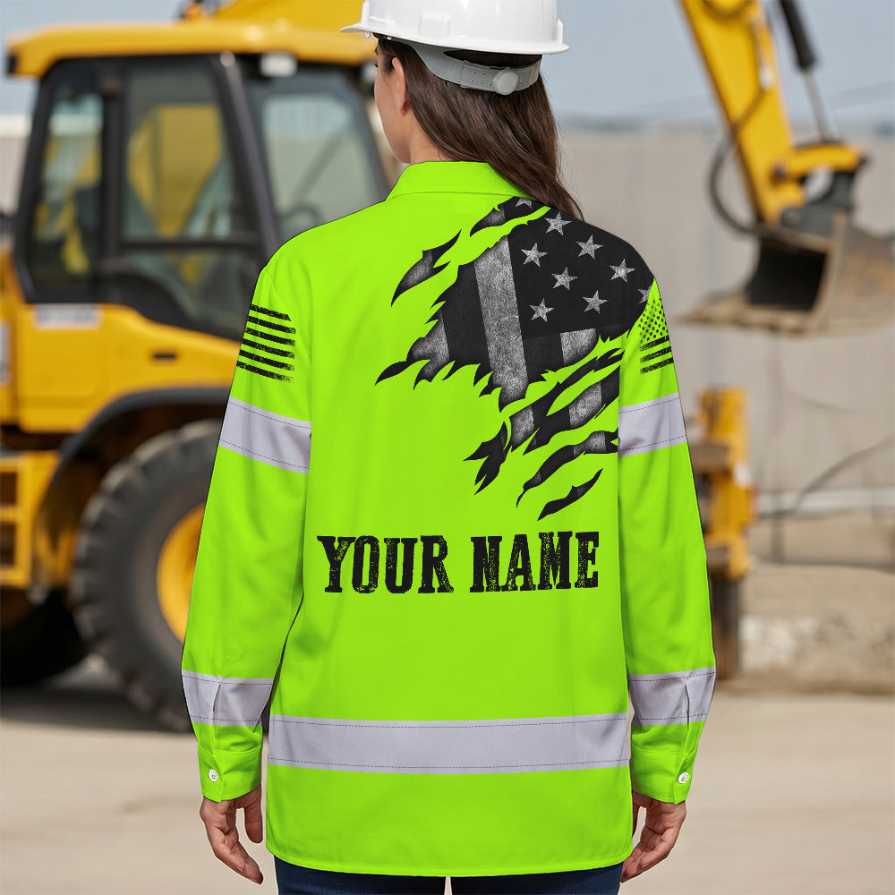 Hi Vis Hawaiian Long Sleeve Shirt Reflective Featuring Green Scratch US Flag And Personalized Name For Patriotism
