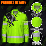 Hi Vis Hawaiian Long Sleeve Shirt Reflective Featuring Green Scratch US Flag And Personalized Name For Patriotism
