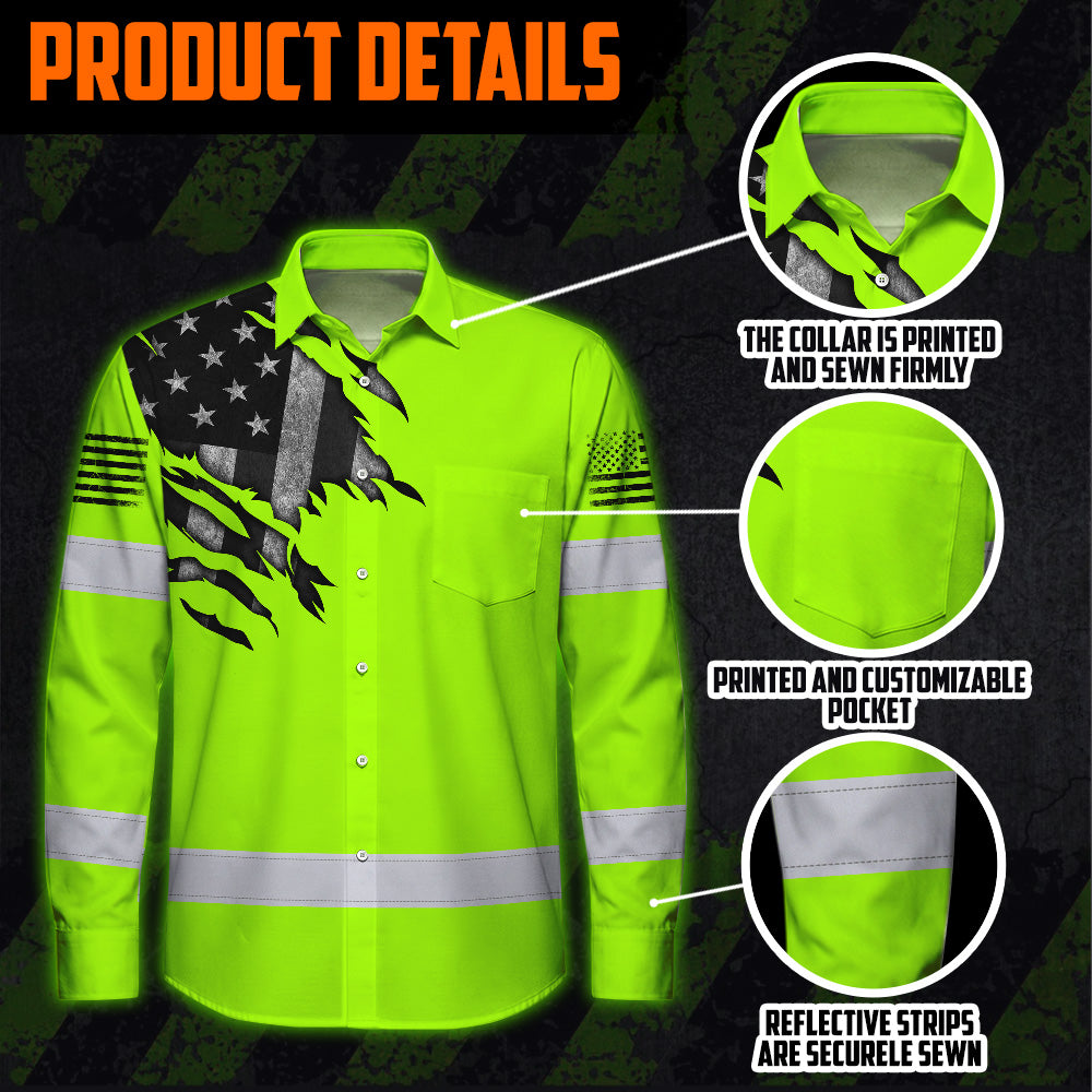 Hi Vis Hawaiian Long Sleeve Shirt Reflective Featuring Green Scratch US Flag And Personalized Name For Patriotism
