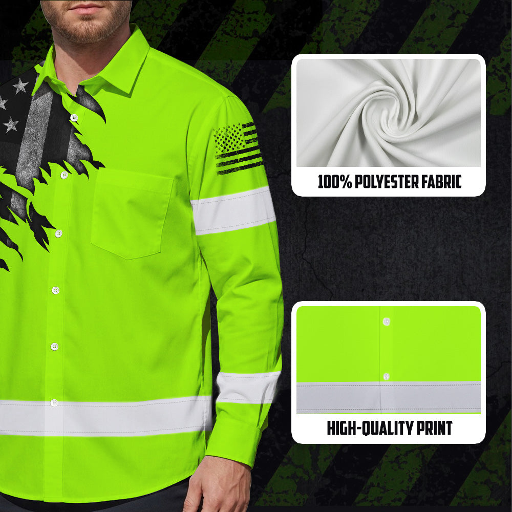 Hi Vis Hawaiian Long Sleeve Shirt Reflective Featuring Green Scratch US Flag And Personalized Name For Patriotism