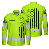 Hi Vis Hawaiian Long Sleeve Shirt Reflective Black American Flag Custom Name Safety Workwear For Workers, Truckers, Operators