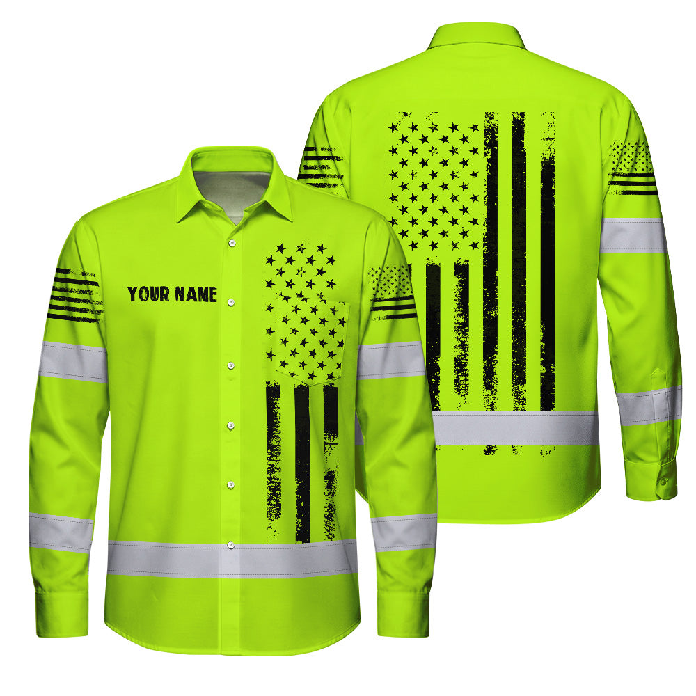 Hi Vis Hawaiian Long Sleeve Shirt Reflective Black American Flag Custom Name Safety Workwear For Workers, Truckers, Operators