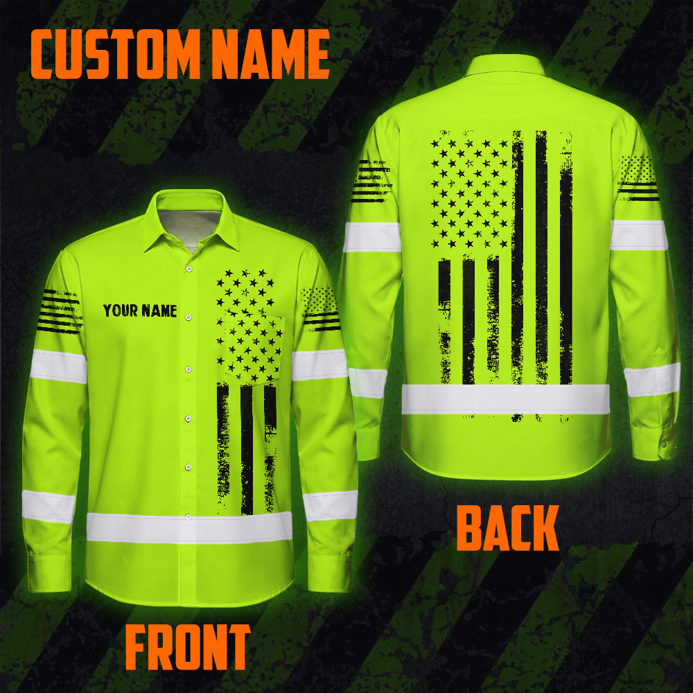 Hi Vis Hawaiian Long Sleeve Shirt Reflective Black American Flag Custom Name Safety Workwear For Workers, Truckers, Operators