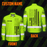 Hi Vis Hawaiian Long Sleeve Shirt Reflective Black American Flag Custom Name Safety Workwear For Workers, Truckers, Operators