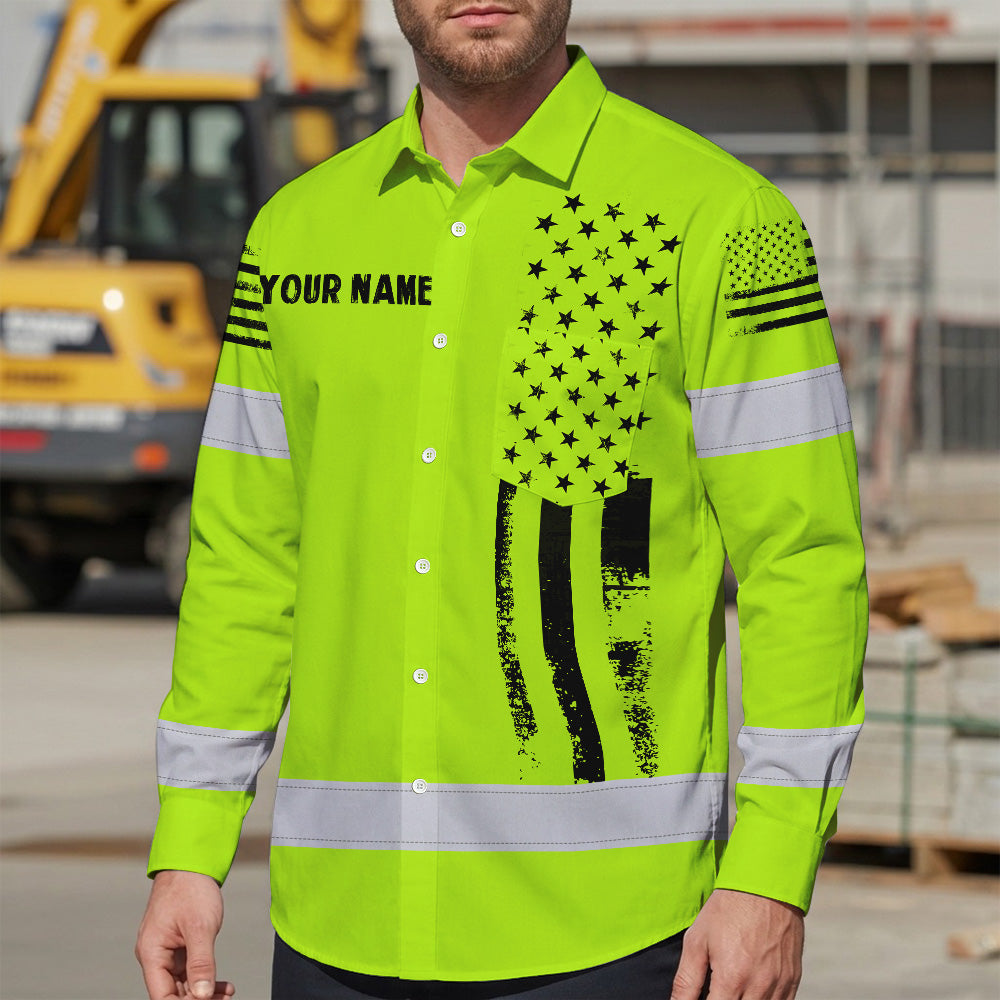 Hi Vis Hawaiian Long Sleeve Shirt Reflective Black American Flag Custom Name Safety Workwear For Workers, Truckers, Operators