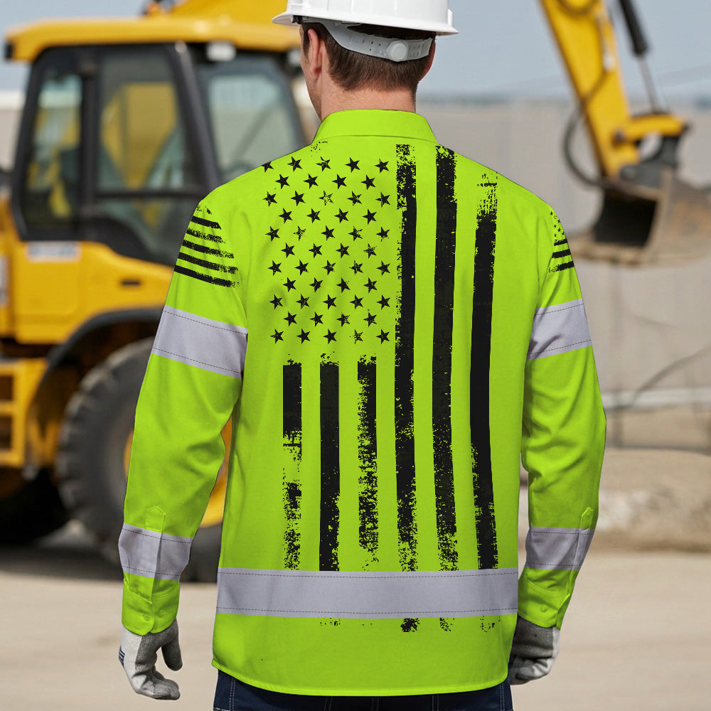 Hi Vis Hawaiian Long Sleeve Shirt Reflective Black American Flag Custom Name Safety Workwear For Workers, Truckers, Operators