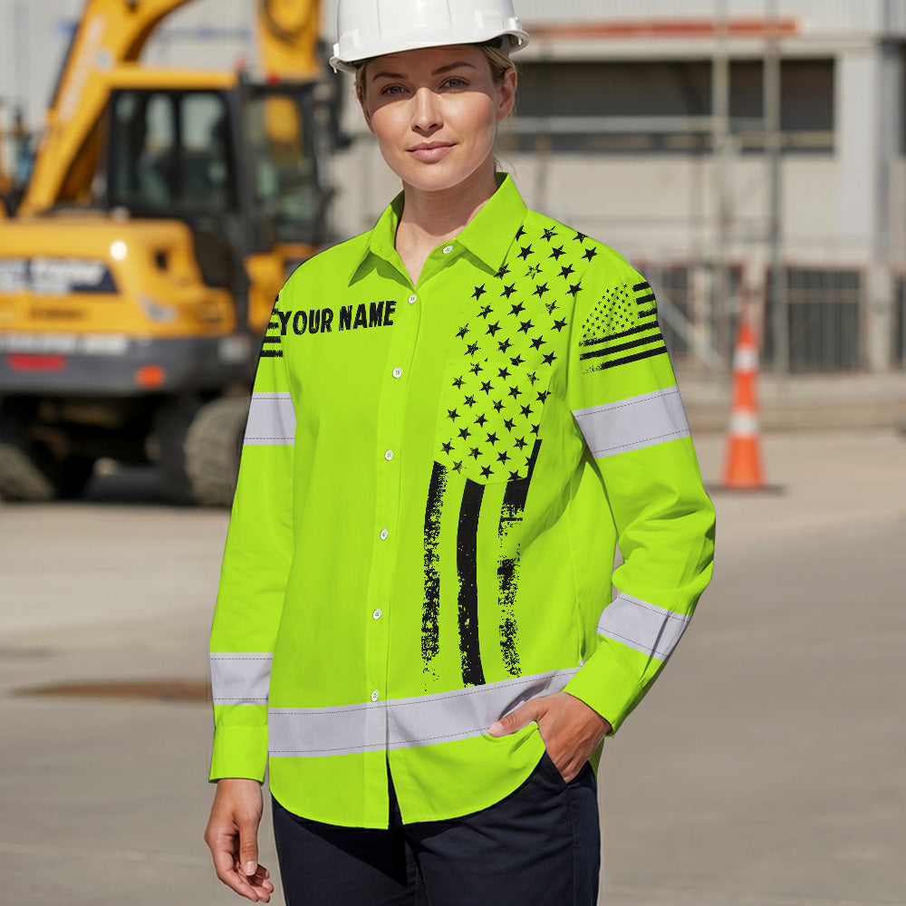 Hi Vis Hawaiian Long Sleeve Shirt Reflective Black American Flag Custom Name Safety Workwear For Workers, Truckers, Operators