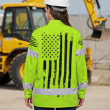 Hi Vis Hawaiian Long Sleeve Shirt Reflective Black American Flag Custom Name Safety Workwear For Workers, Truckers, Operators
