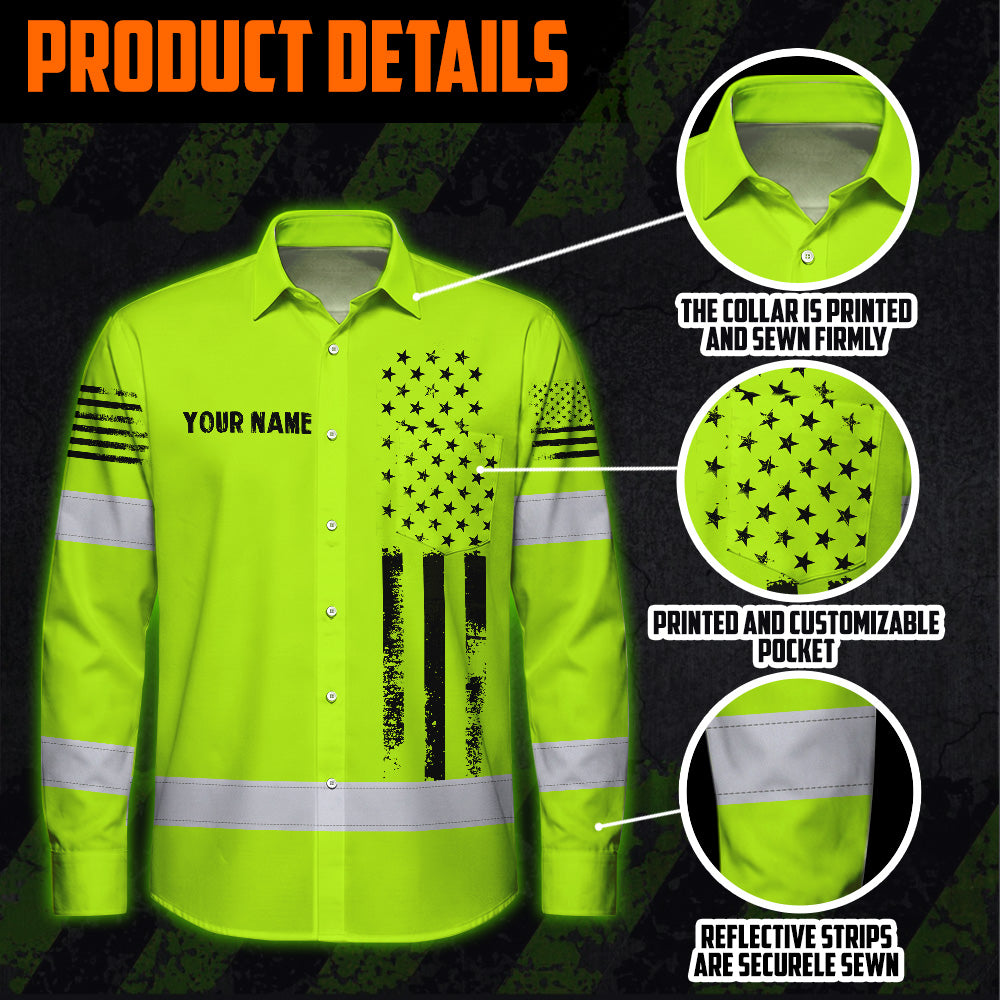 Hi Vis Hawaiian Long Sleeve Shirt Reflective Black American Flag Custom Name Safety Workwear For Workers, Truckers, Operators
