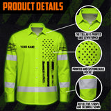 Hi Vis Hawaiian Long Sleeve Shirt Reflective Black American Flag Custom Name Safety Workwear For Workers, Truckers, Operators