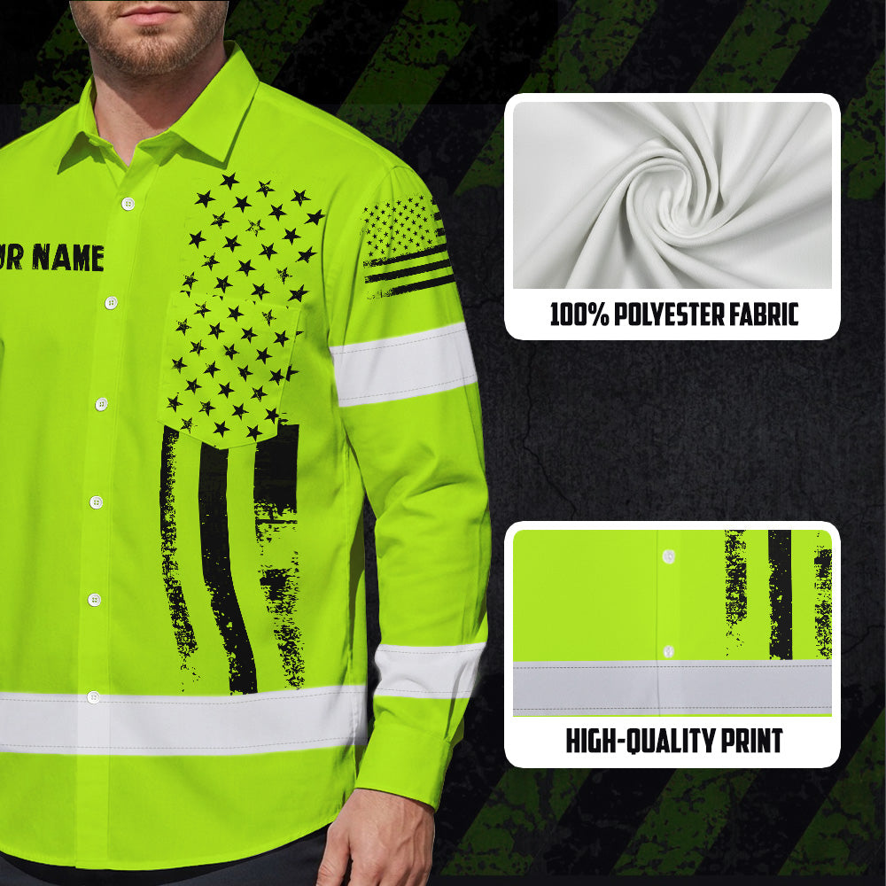 Hi Vis Hawaiian Long Sleeve Shirt Reflective Black American Flag Custom Name Safety Workwear For Workers, Truckers, Operators