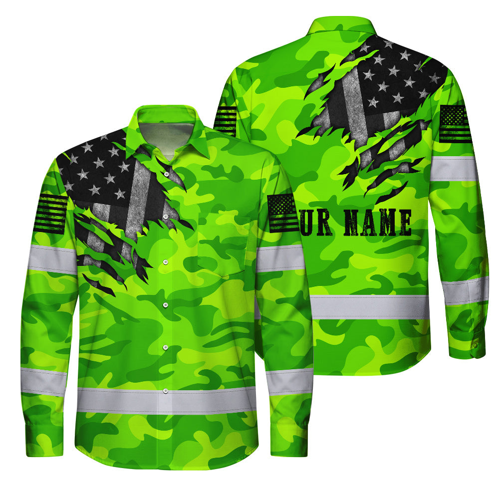 Hi Vis Hawaiian Long Sleeve Shirt Reflective Scratch Camo Green Neon US Flag Safety Workwear