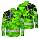Hi Vis Hawaiian Long Sleeve Shirt Reflective Scratch Camo Green Neon US Flag Safety Workwear