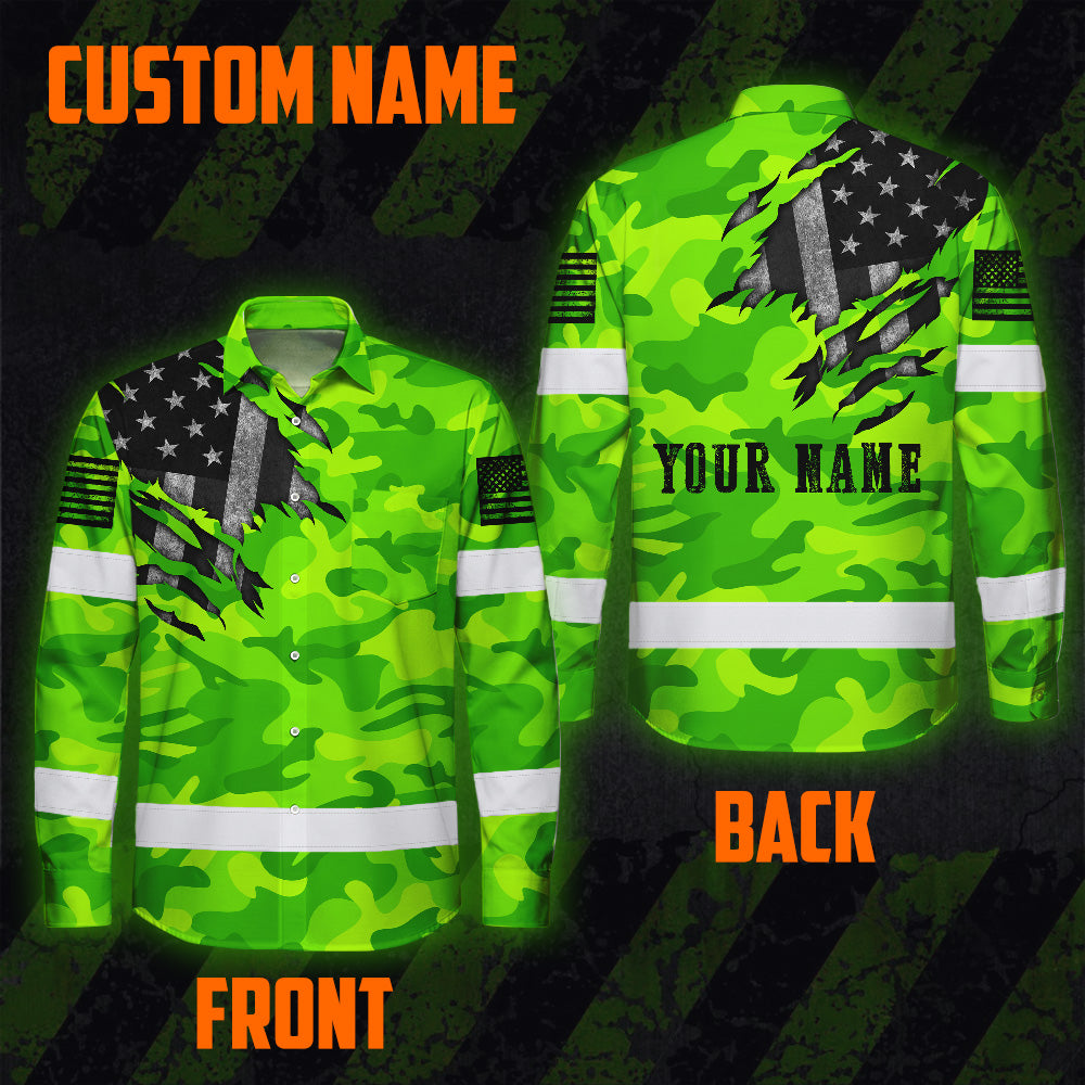 Hi Vis Hawaiian Long Sleeve Shirt Reflective Scratch Camo Green Neon US Flag Safety Workwear