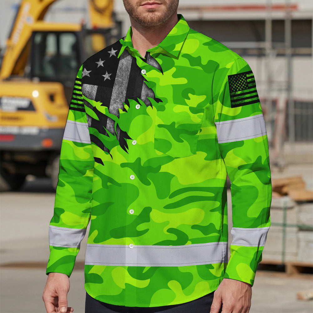 Hi Vis Hawaiian Long Sleeve Shirt Reflective Scratch Camo Green Neon US Flag Safety Workwear