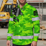 Hi Vis Hawaiian Long Sleeve Shirt Reflective Scratch Camo Green Neon US Flag Safety Workwear