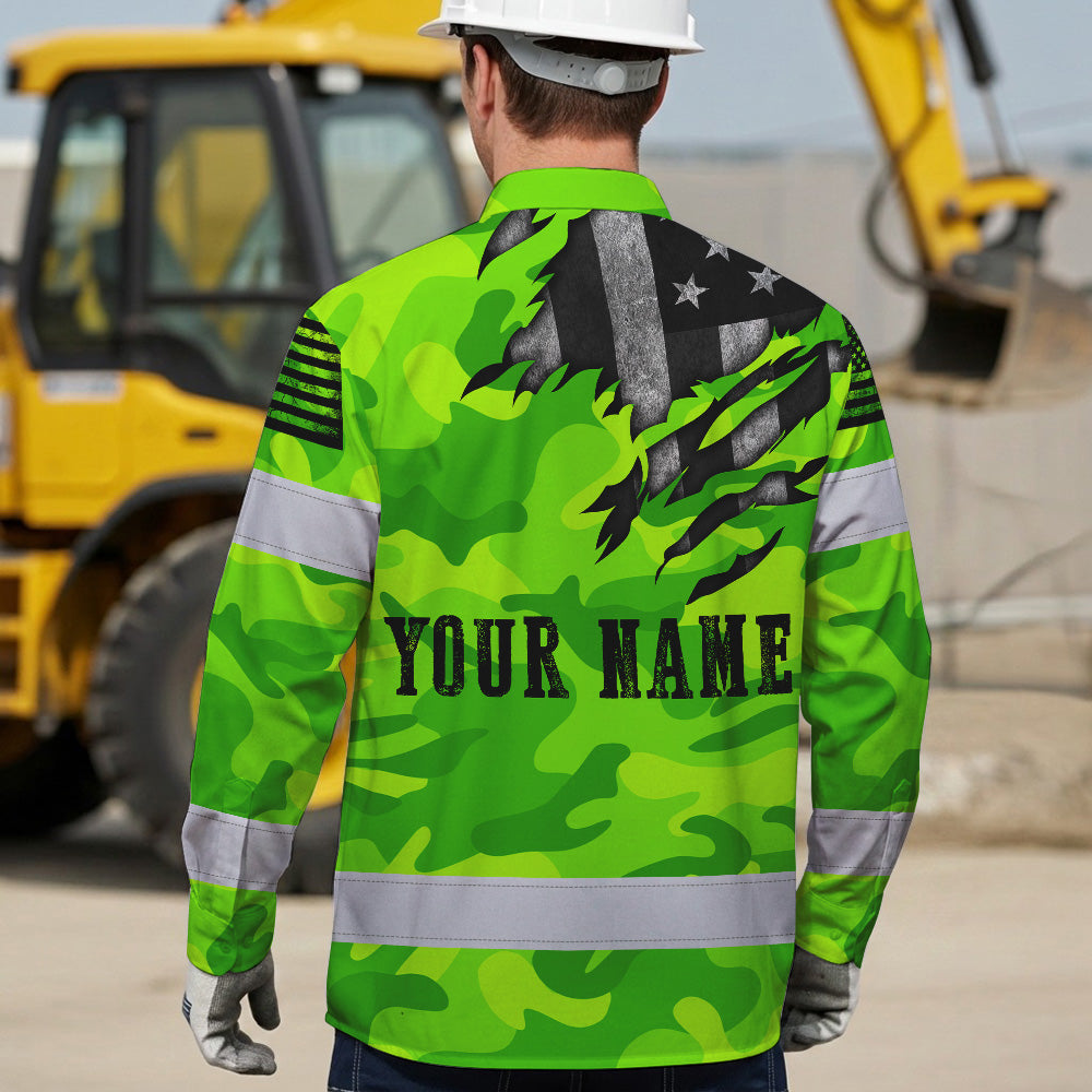 Hi Vis Hawaiian Long Sleeve Shirt Reflective Scratch Camo Green Neon US Flag Safety Workwear