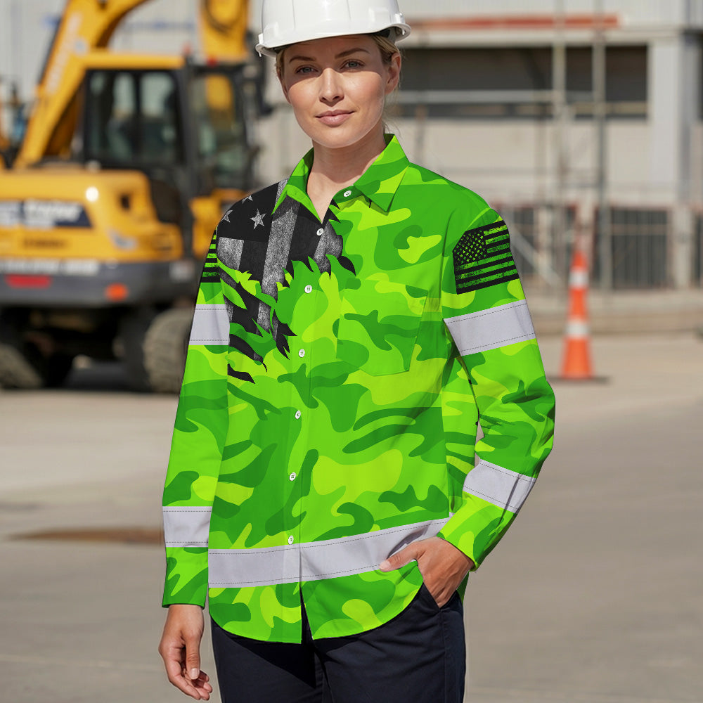 Hi Vis Hawaiian Long Sleeve Shirt Reflective Scratch Camo Green Neon US Flag Safety Workwear