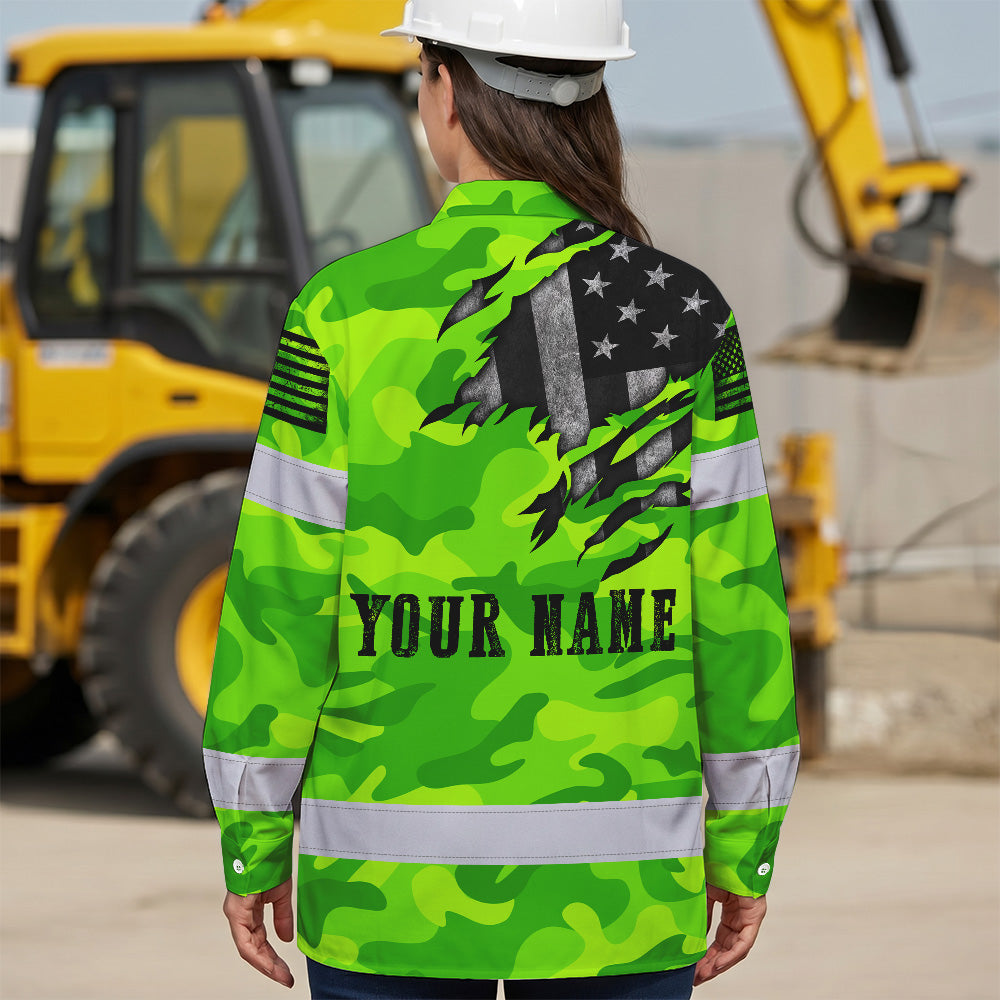 Hi Vis Hawaiian Long Sleeve Shirt Reflective Scratch Camo Green Neon US Flag Safety Workwear