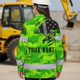 Hi Vis Hawaiian Long Sleeve Shirt Reflective Scratch Camo Green Neon US Flag Safety Workwear