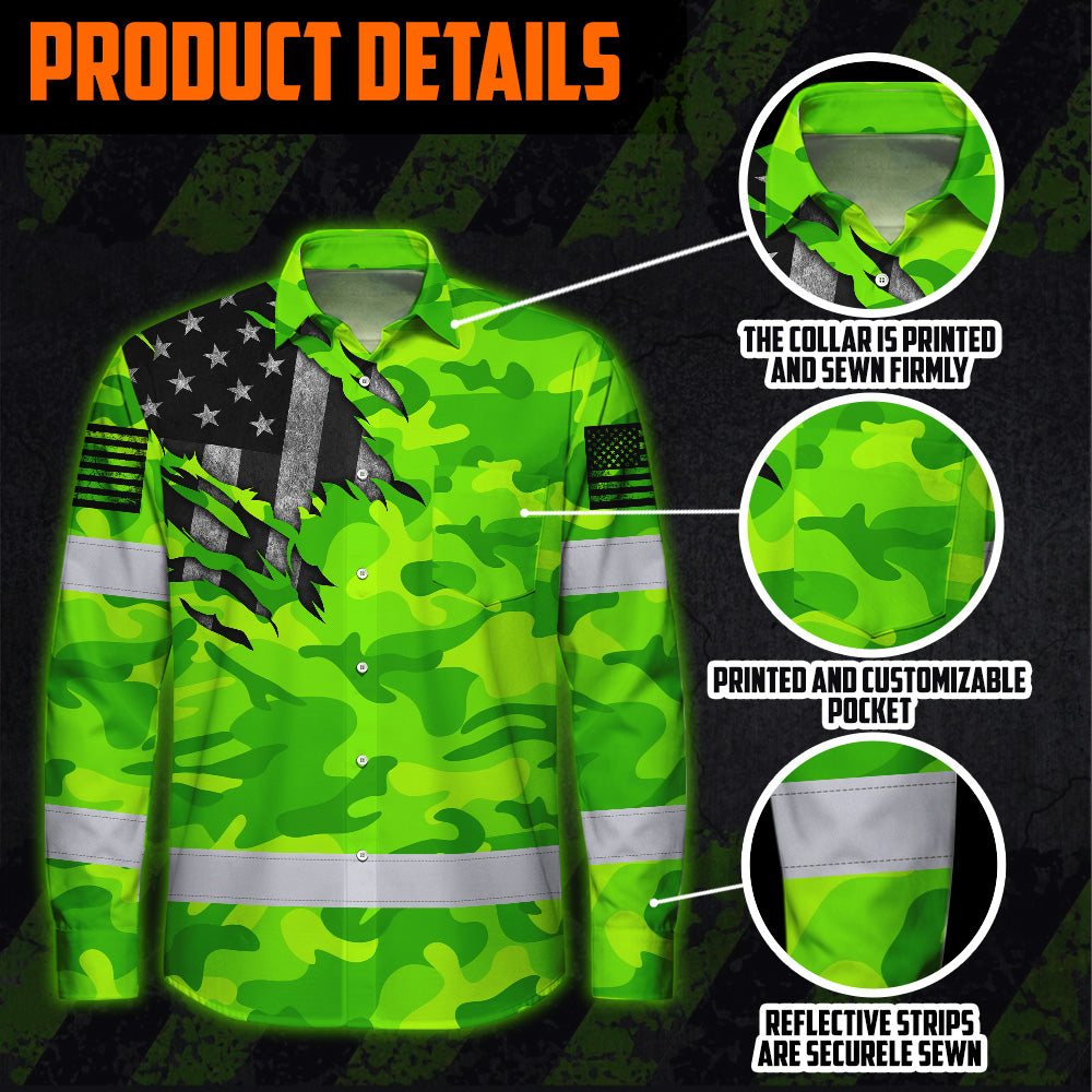 Hi Vis Hawaiian Long Sleeve Shirt Reflective Scratch Camo Green Neon US Flag Safety Workwear