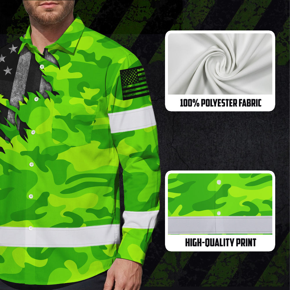 Hi Vis Hawaiian Long Sleeve Shirt Reflective Scratch Camo Green Neon US Flag Safety Workwear