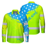 Hi Vis Hawaiian Long Sleeve Shirt Reflective Blue Neon American Flag Custom Name Safety Workwear For Workers, Truckers