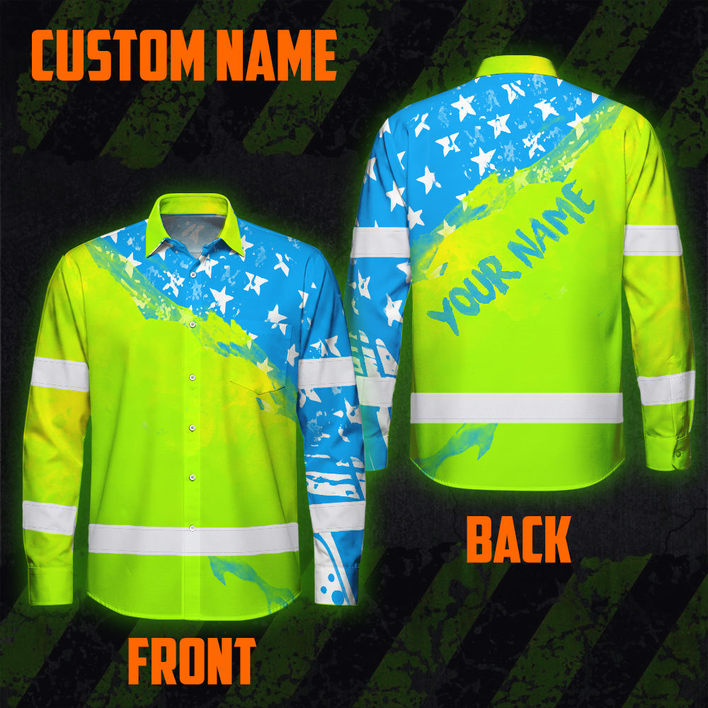 Hi Vis Hawaiian Long Sleeve Shirt Reflective Blue Neon American Flag Custom Name Safety Workwear For Workers, Truckers