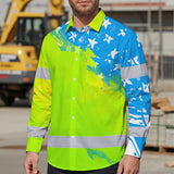 Hi Vis Hawaiian Long Sleeve Shirt Reflective Blue Neon American Flag Custom Name Safety Workwear For Workers, Truckers