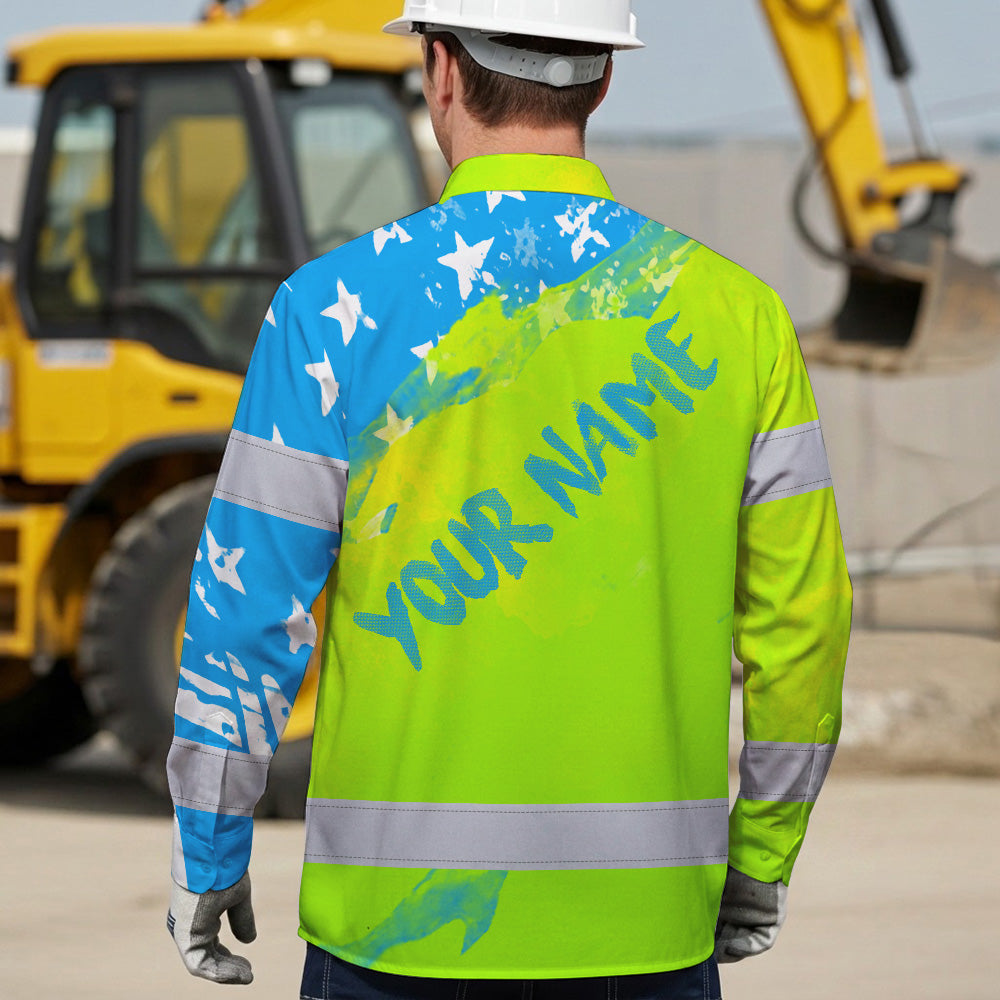 Hi Vis Hawaiian Long Sleeve Shirt Reflective Blue Neon American Flag Custom Name Safety Workwear For Workers, Truckers