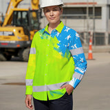 Hi Vis Hawaiian Long Sleeve Shirt Reflective Blue Neon American Flag Custom Name Safety Workwear For Workers, Truckers