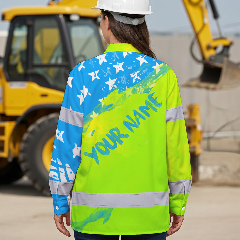 Hi Vis Hawaiian Long Sleeve Shirt Reflective Blue Neon American Flag Custom Name Safety Workwear For Workers, Truckers