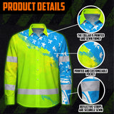 Hi Vis Hawaiian Long Sleeve Shirt Reflective Blue Neon American Flag Custom Name Safety Workwear For Workers, Truckers