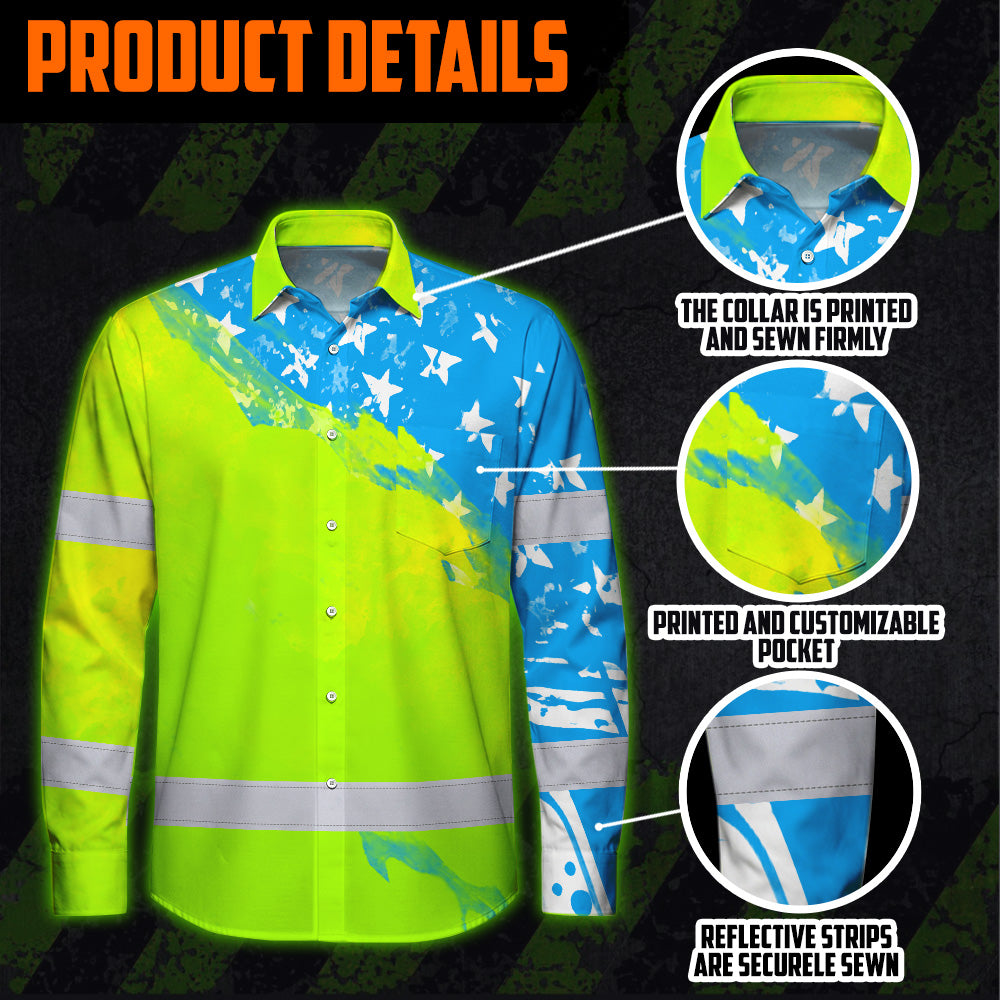 Hi Vis Hawaiian Long Sleeve Shirt Reflective Blue Neon American Flag Custom Name Safety Workwear For Workers, Truckers