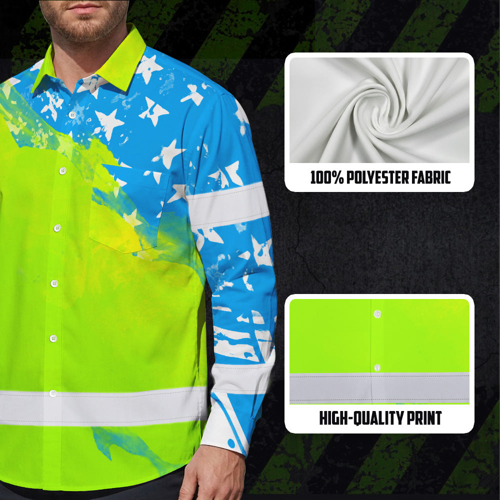 Hi Vis Hawaiian Long Sleeve Shirt Reflective Blue Neon American Flag Custom Name Safety Workwear For Workers, Truckers