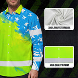 Hi Vis Hawaiian Long Sleeve Shirt Reflective Blue Neon American Flag Custom Name Safety Workwear For Workers, Truckers