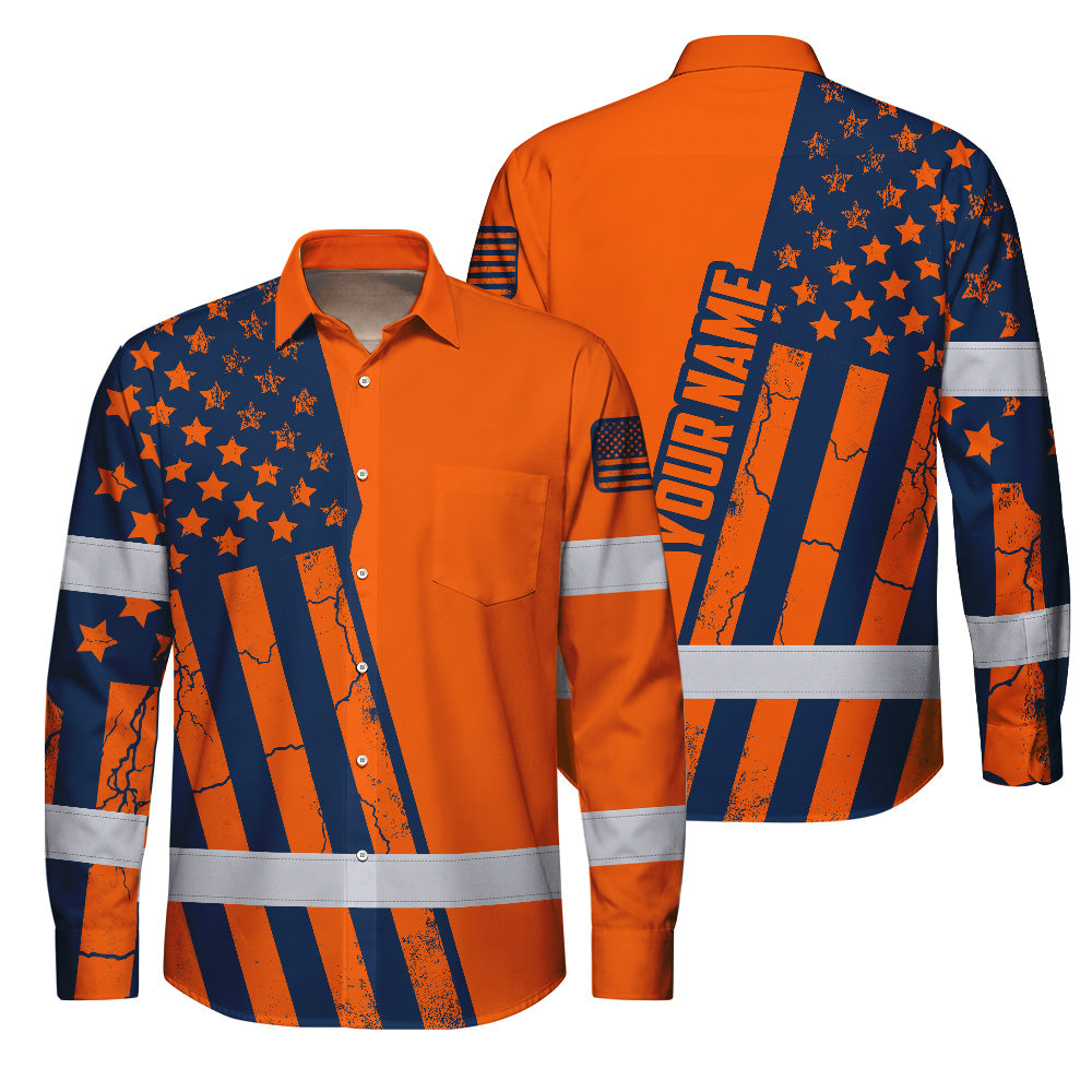 Hi Vis Hawaiian Long Sleeve Shirt Reflective Orange US Flag Custom Name Safety Workwear For Workers, Truckers