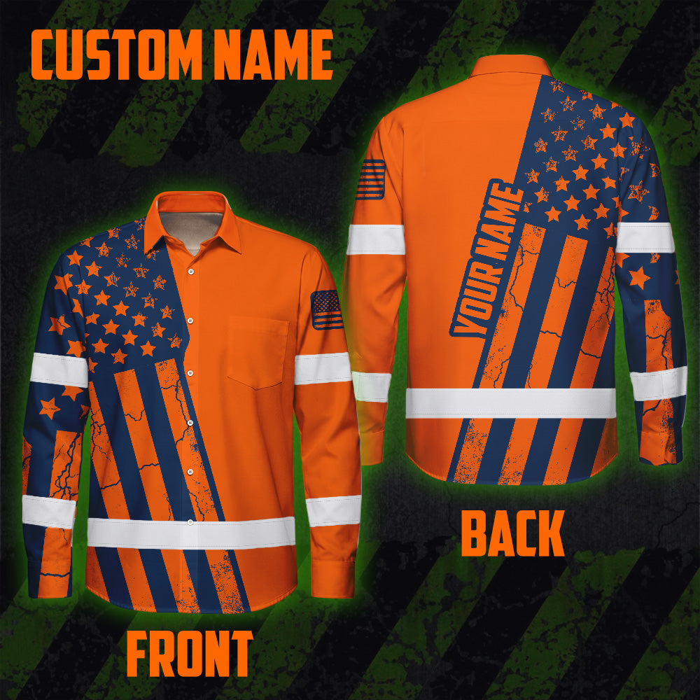 Hi Vis Hawaiian Long Sleeve Shirt Reflective Orange US Flag Custom Name Safety Workwear For Workers, Truckers