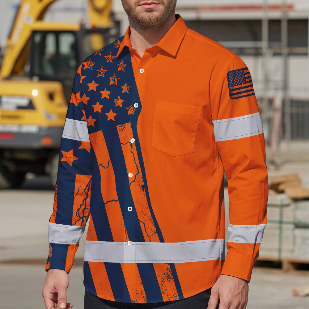 Hi Vis Hawaiian Long Sleeve Shirt Reflective Orange US Flag Custom Name Safety Workwear For Workers, Truckers