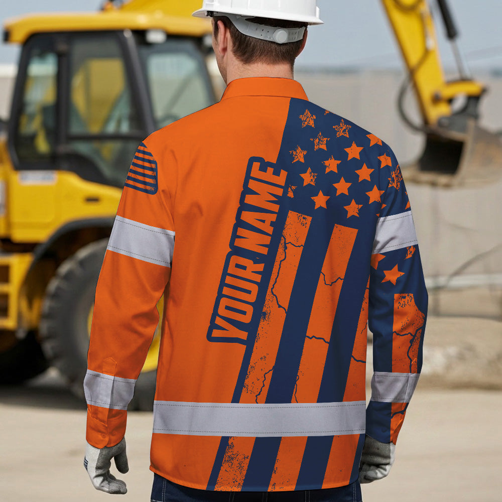 Hi Vis Hawaiian Long Sleeve Shirt Reflective Orange US Flag Custom Name Safety Workwear For Workers, Truckers