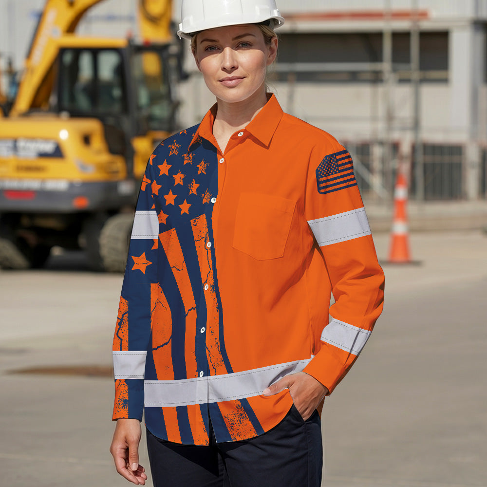 Hi Vis Hawaiian Long Sleeve Shirt Reflective Orange US Flag Custom Name Safety Workwear For Workers, Truckers
