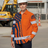 Hi Vis Hawaiian Long Sleeve Shirt Reflective Orange US Flag Custom Name Safety Workwear For Workers, Truckers